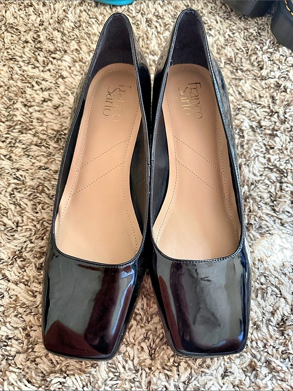 Franco Sarto Black Patent Square Toe Heels